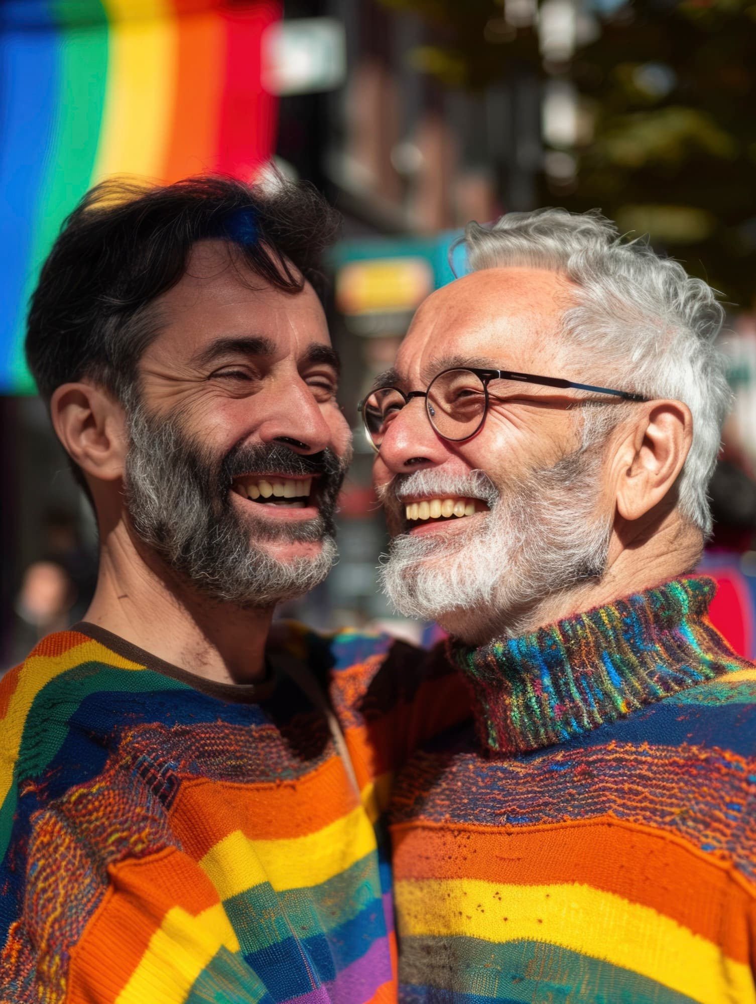 Two older men laughing warmly together