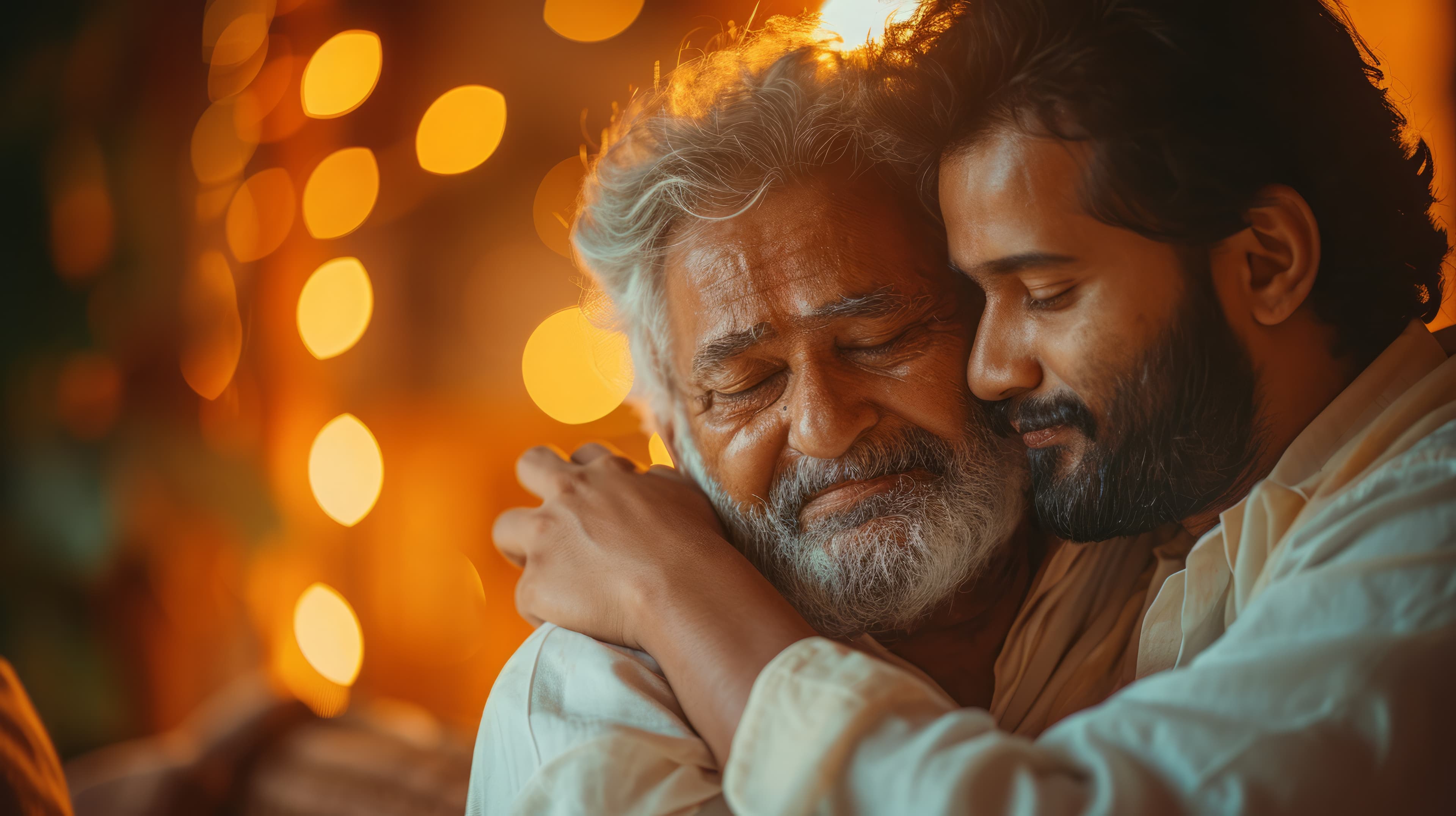 A South Asian son holding his elderly father in a warm embrace